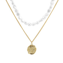 Simple irregular ancient coin pendant stainless steel chain gold plated pearl double layer necklace